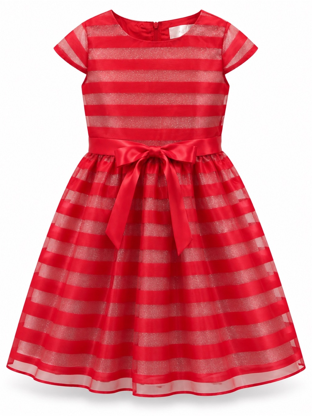 Red Striped Girls' Party Dress with Satin Waist Bow
